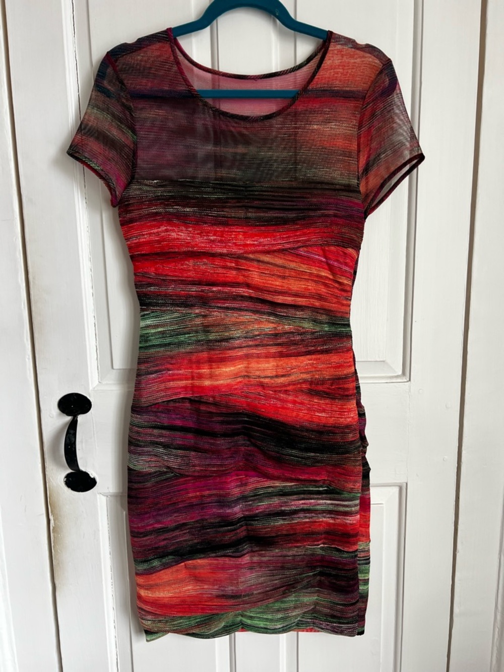 BCBGMaxAzria Multicolor Striped Mesh Mini Dress - Red, Pink, Green & Black